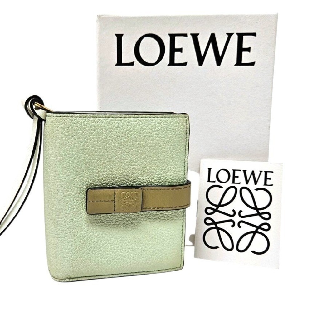 LOEWE Anagram Small Vertical Wallet Green Beige‎ Calfskin Leather